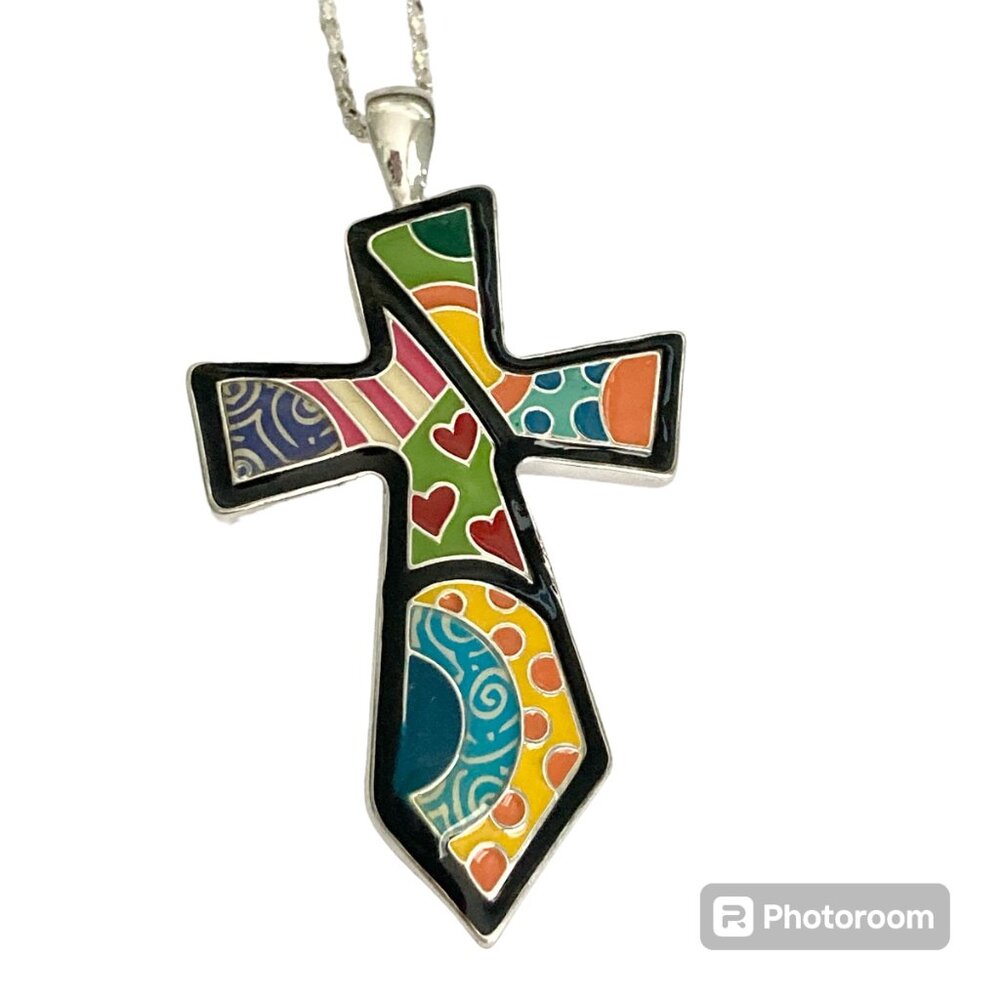 Vintage Cross Pendant Necklace Pop Art Enamel Colorful Silver Plated 22" BIG